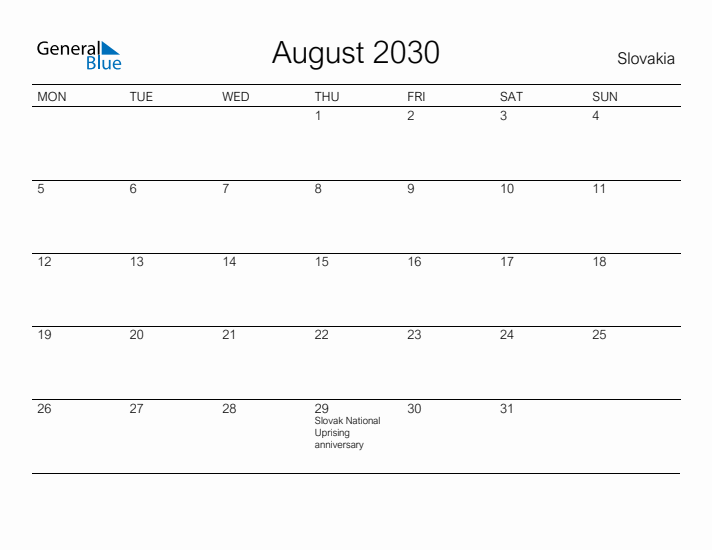 Printable August 2030 Calendar for Slovakia