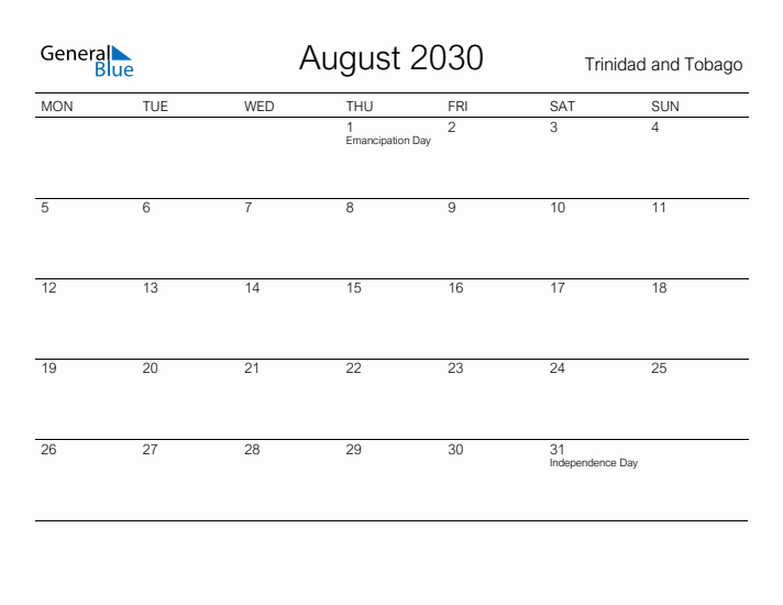 Printable August 2030 Calendar for Trinidad and Tobago