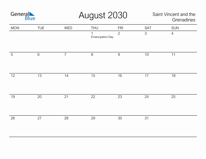 Printable August 2030 Calendar for Saint Vincent and the Grenadines