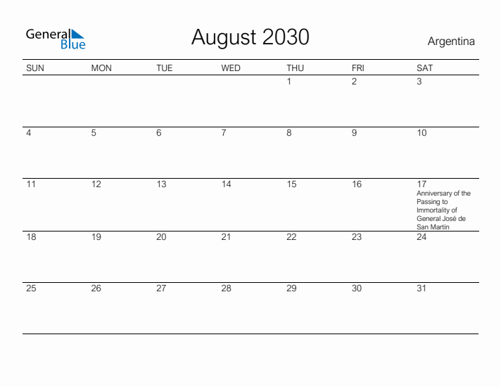 Printable August 2030 Calendar for Argentina