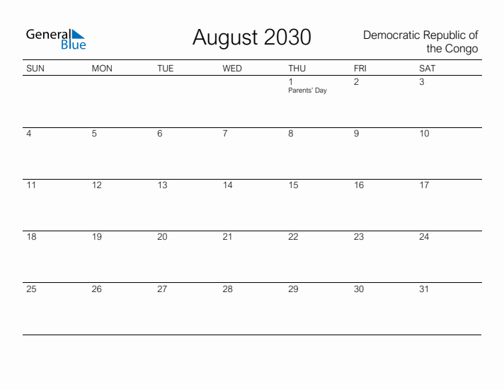 Printable August 2030 Calendar for Democratic Republic of the Congo