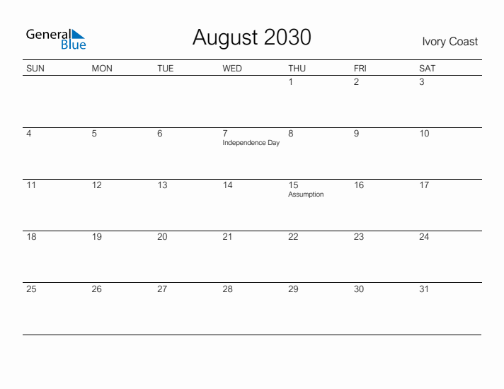 Printable August 2030 Calendar for Ivory Coast