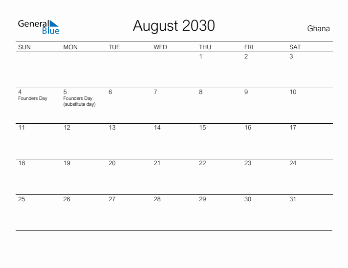 Printable August 2030 Calendar for Ghana