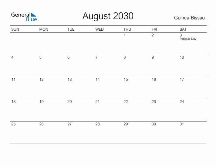 Printable August 2030 Calendar for Guinea-Bissau