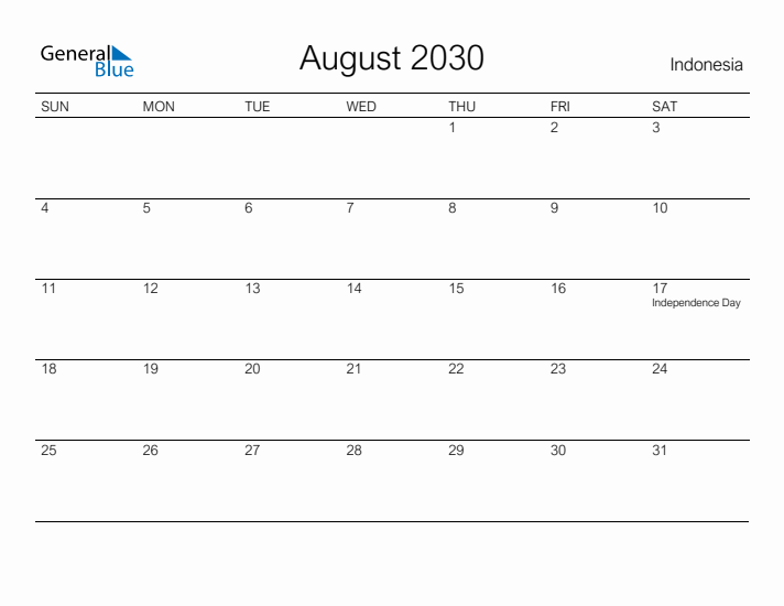 Printable August 2030 Calendar for Indonesia