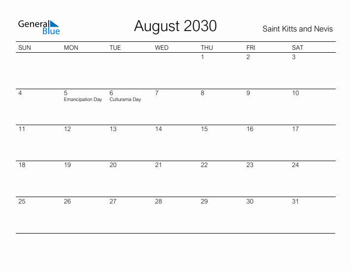 Printable August 2030 Calendar for Saint Kitts and Nevis