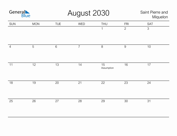 Printable August 2030 Calendar for Saint Pierre and Miquelon