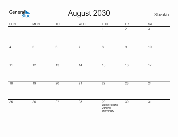 Printable August 2030 Calendar for Slovakia