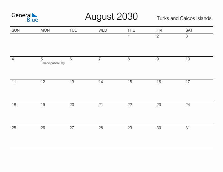 Printable August 2030 Calendar for Turks and Caicos Islands