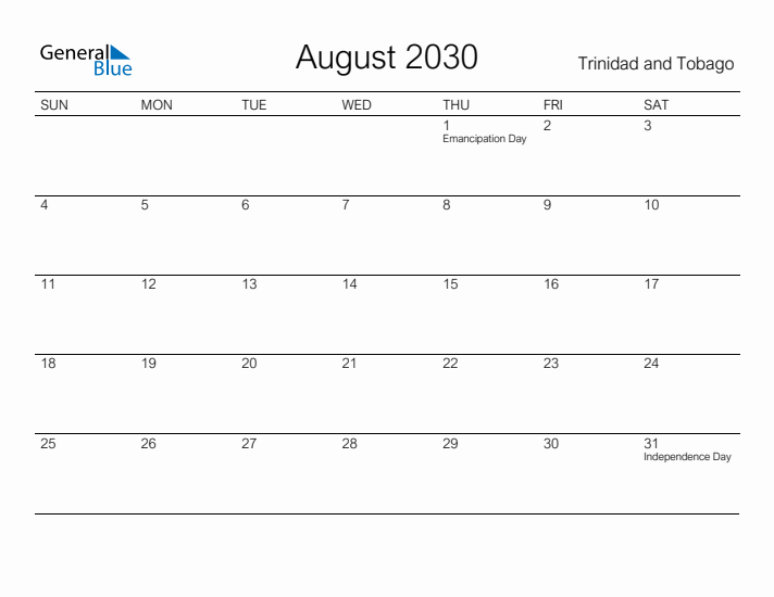 Printable August 2030 Calendar for Trinidad and Tobago