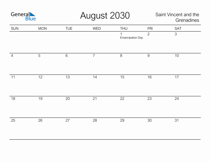 Printable August 2030 Calendar for Saint Vincent and the Grenadines
