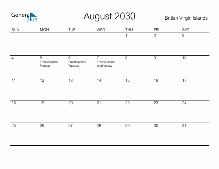 Printable August 2030 Calendar for British Virgin Islands