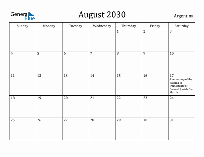 August 2030 Calendar Argentina