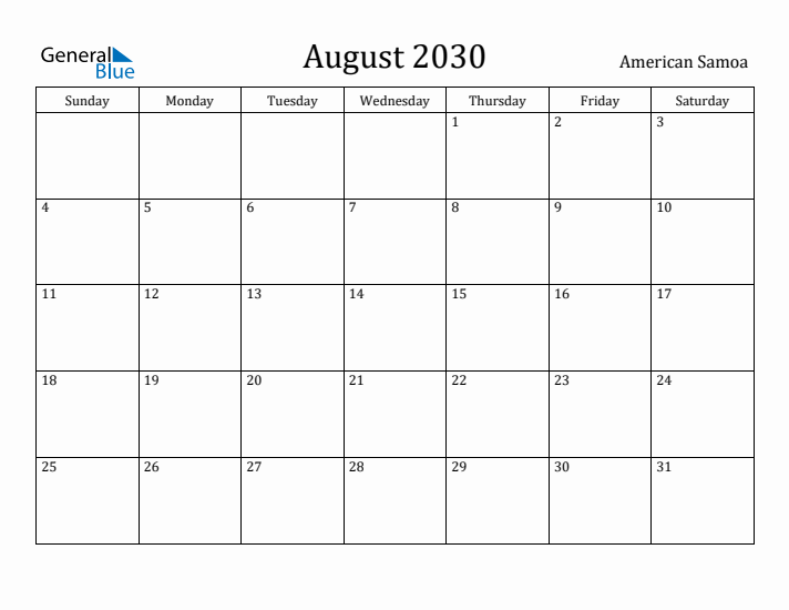 August 2030 Calendar American Samoa