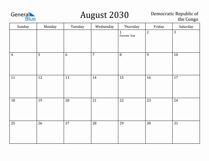 August 2030 Calendar Democratic Republic of the Congo