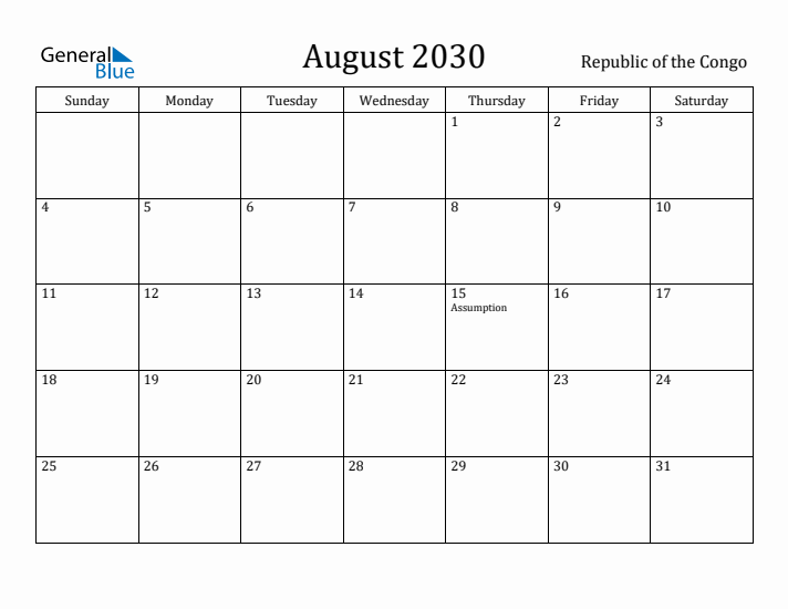 August 2030 Calendar Republic of the Congo