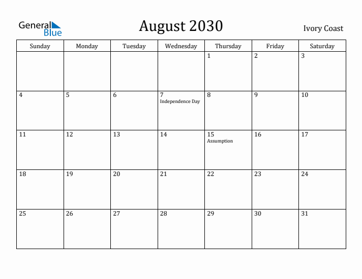 August 2030 Calendar Ivory Coast
