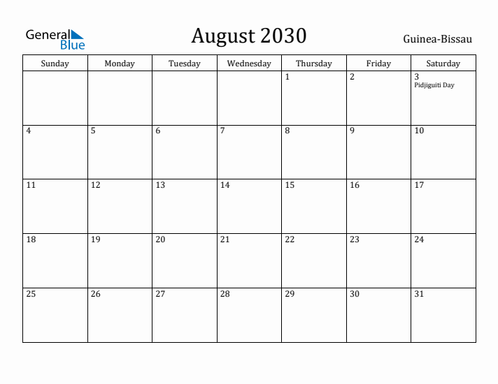 August 2030 Calendar Guinea-Bissau