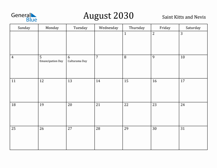 August 2030 Calendar Saint Kitts and Nevis
