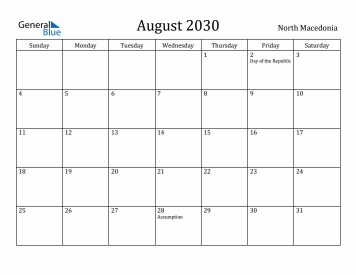 August 2030 Calendar North Macedonia