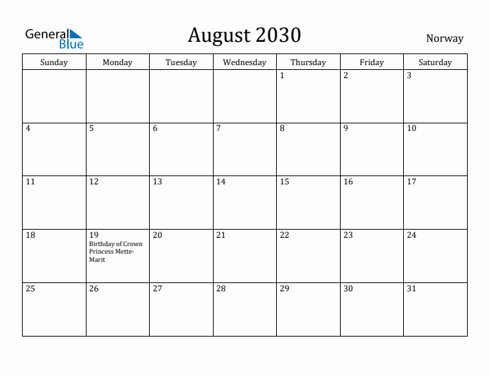 August 2030 Calendar Norway