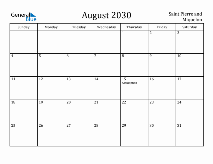 August 2030 Calendar Saint Pierre and Miquelon