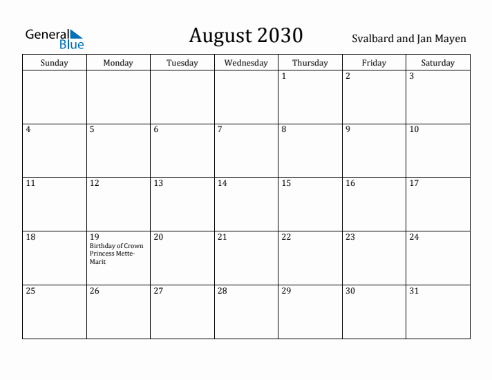 August 2030 Calendar Svalbard and Jan Mayen