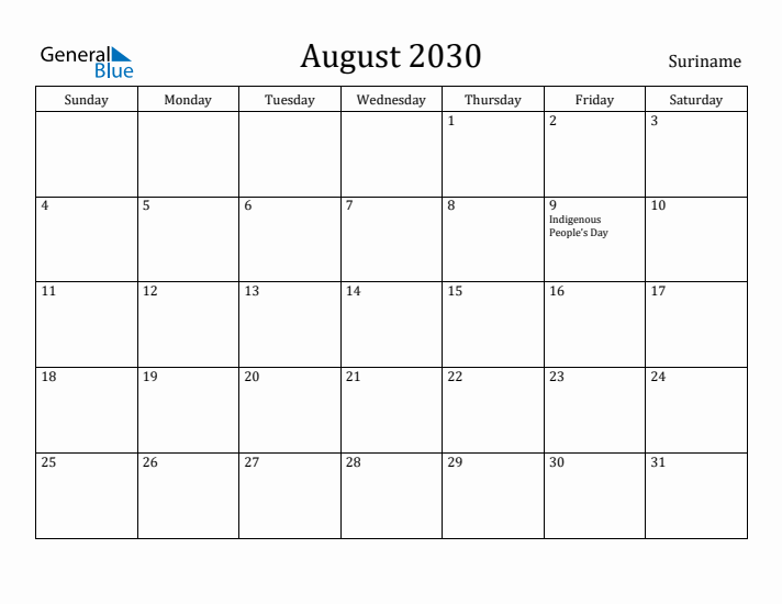 August 2030 Calendar Suriname