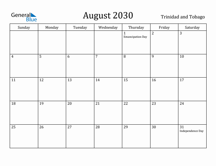 August 2030 Calendar Trinidad and Tobago