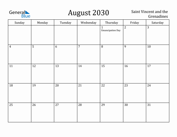 August 2030 Calendar Saint Vincent and the Grenadines