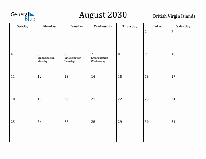 August 2030 Calendar British Virgin Islands