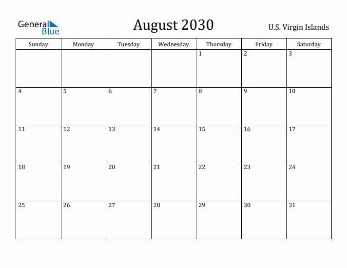 August 2030 Calendar U.S. Virgin Islands