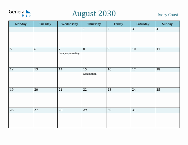 August 2030 Calendar with Holidays