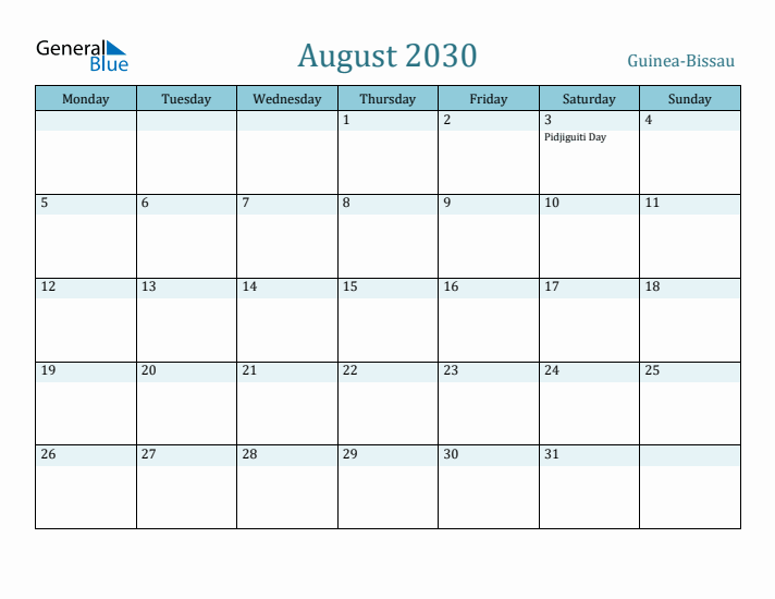 August 2030 Calendar with Holidays