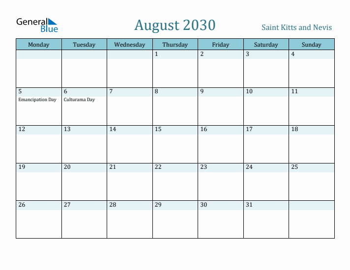 August 2030 Calendar with Holidays