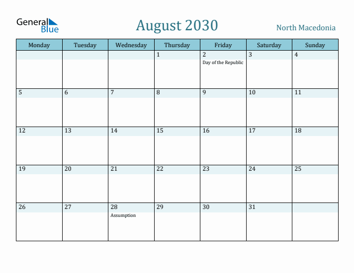 August 2030 Calendar with Holidays
