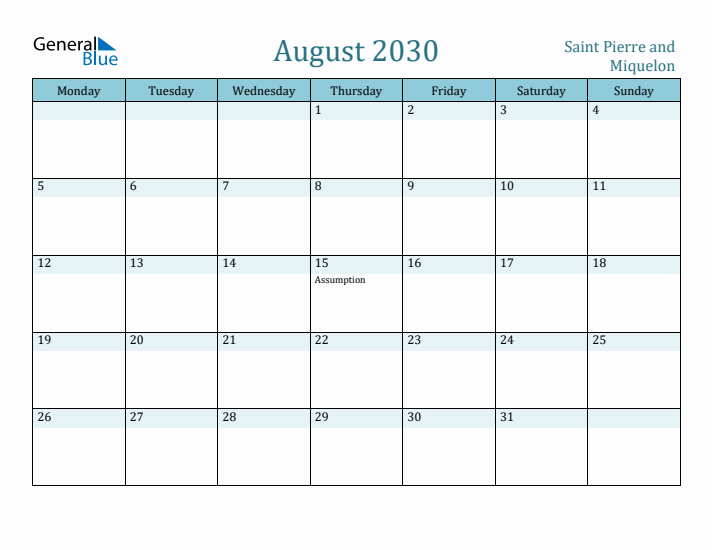 August 2030 Calendar with Holidays