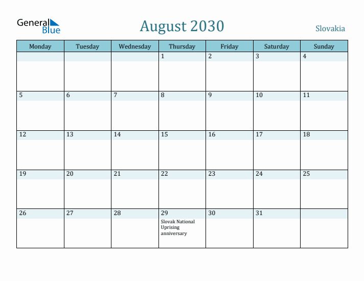 August 2030 Calendar with Holidays