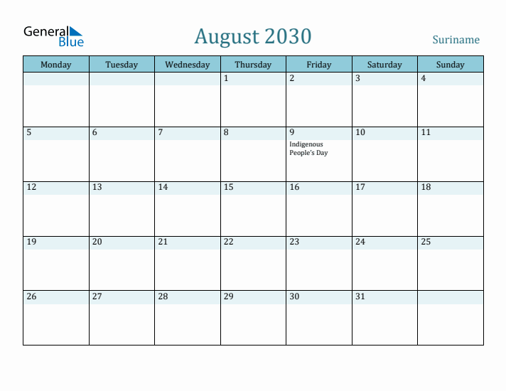 August 2030 Calendar with Holidays