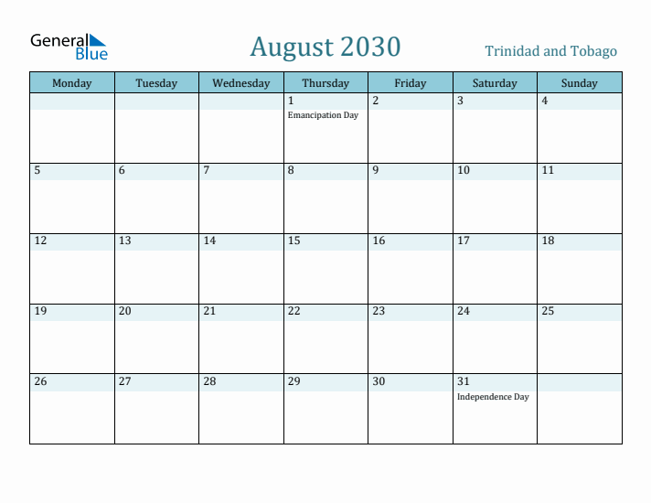 August 2030 Calendar with Holidays