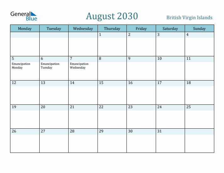 August 2030 Calendar with Holidays