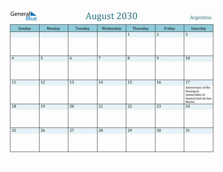 August 2030 Calendar with Holidays