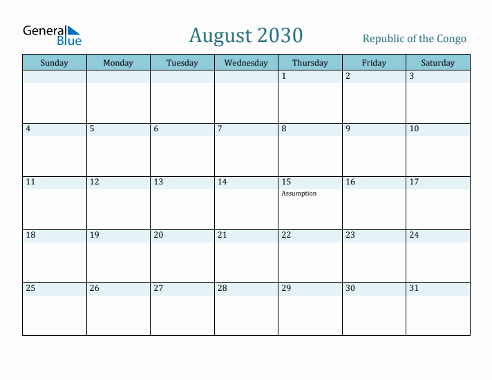 August 2030 Calendar with Holidays