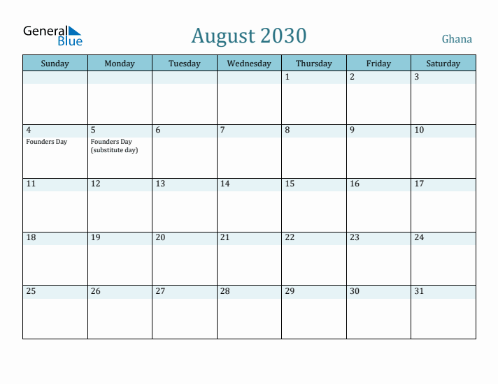 August 2030 Calendar with Holidays