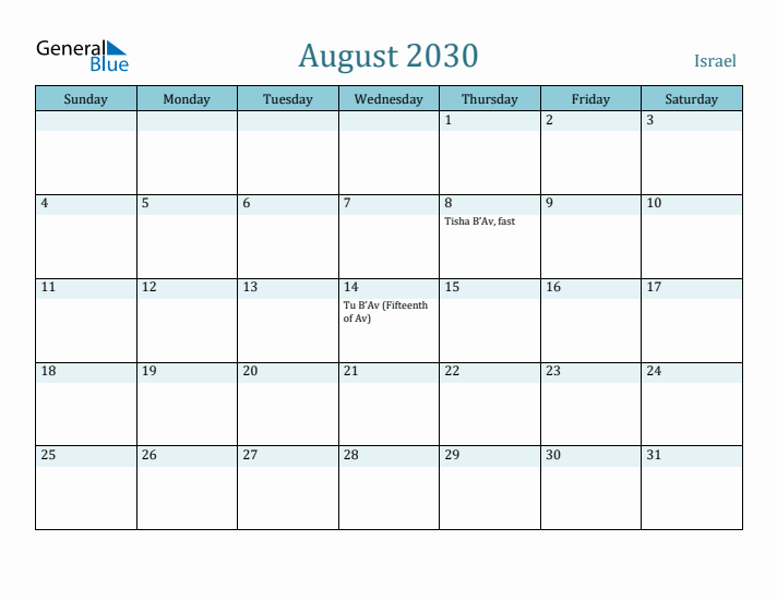 August 2030 Calendar with Holidays