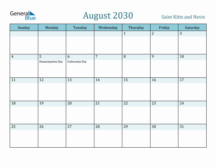 August 2030 Calendar with Holidays