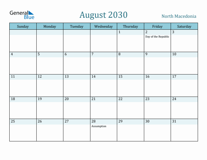 August 2030 Calendar with Holidays