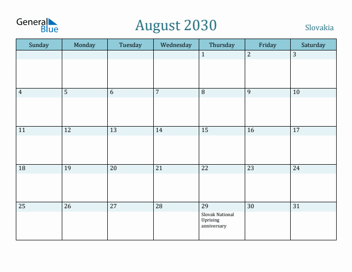 August 2030 Calendar with Holidays
