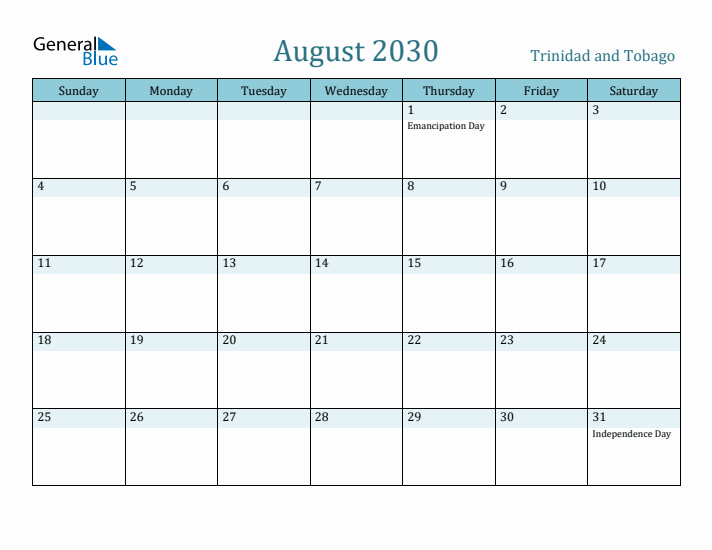 August 2030 Calendar with Holidays