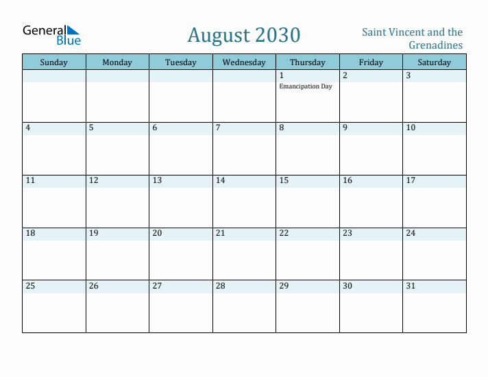 August 2030 Calendar with Holidays